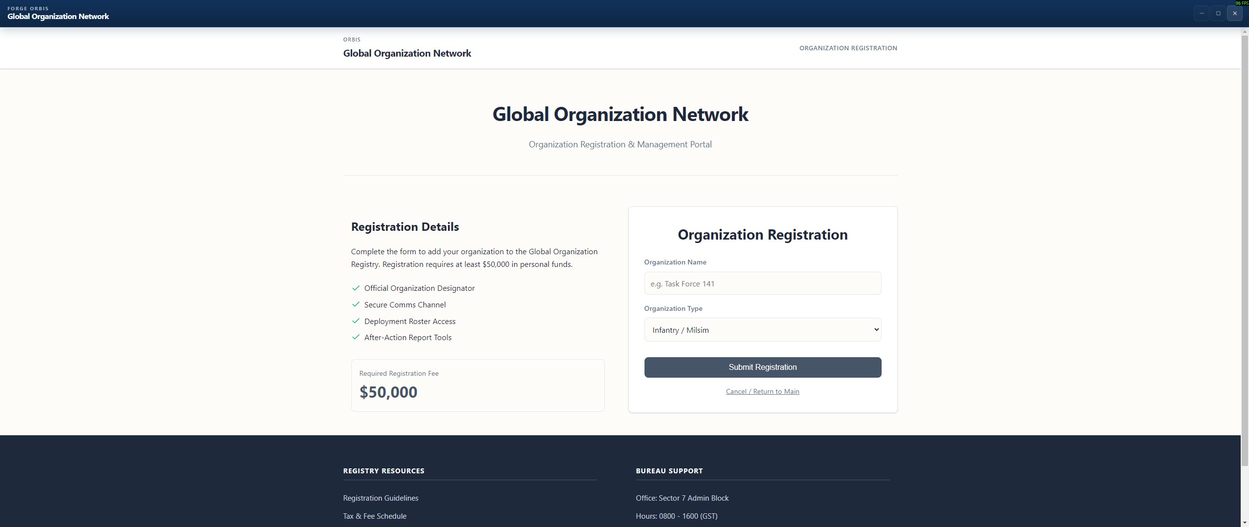 Organization registration screen