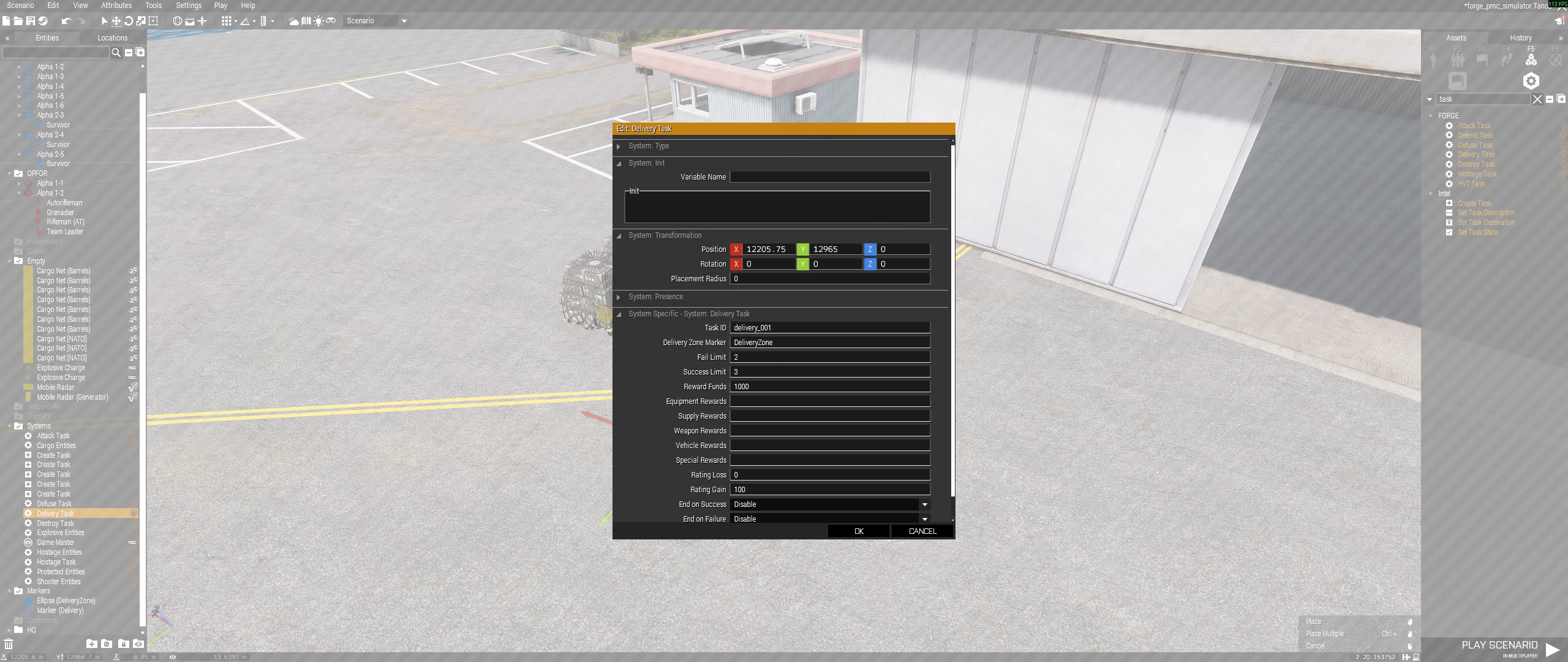 Delivery task module parameters
